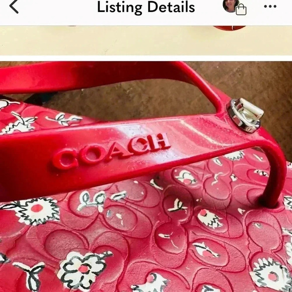 Coach red floral flips flops. Size 9-10 Silver embellishment on strap. - Picture 2 of 9